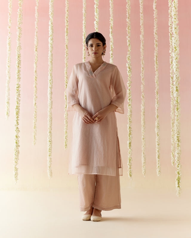 Lotus Pink Kurta with Striped tissue Slip and Flared Pants - - Set of 2