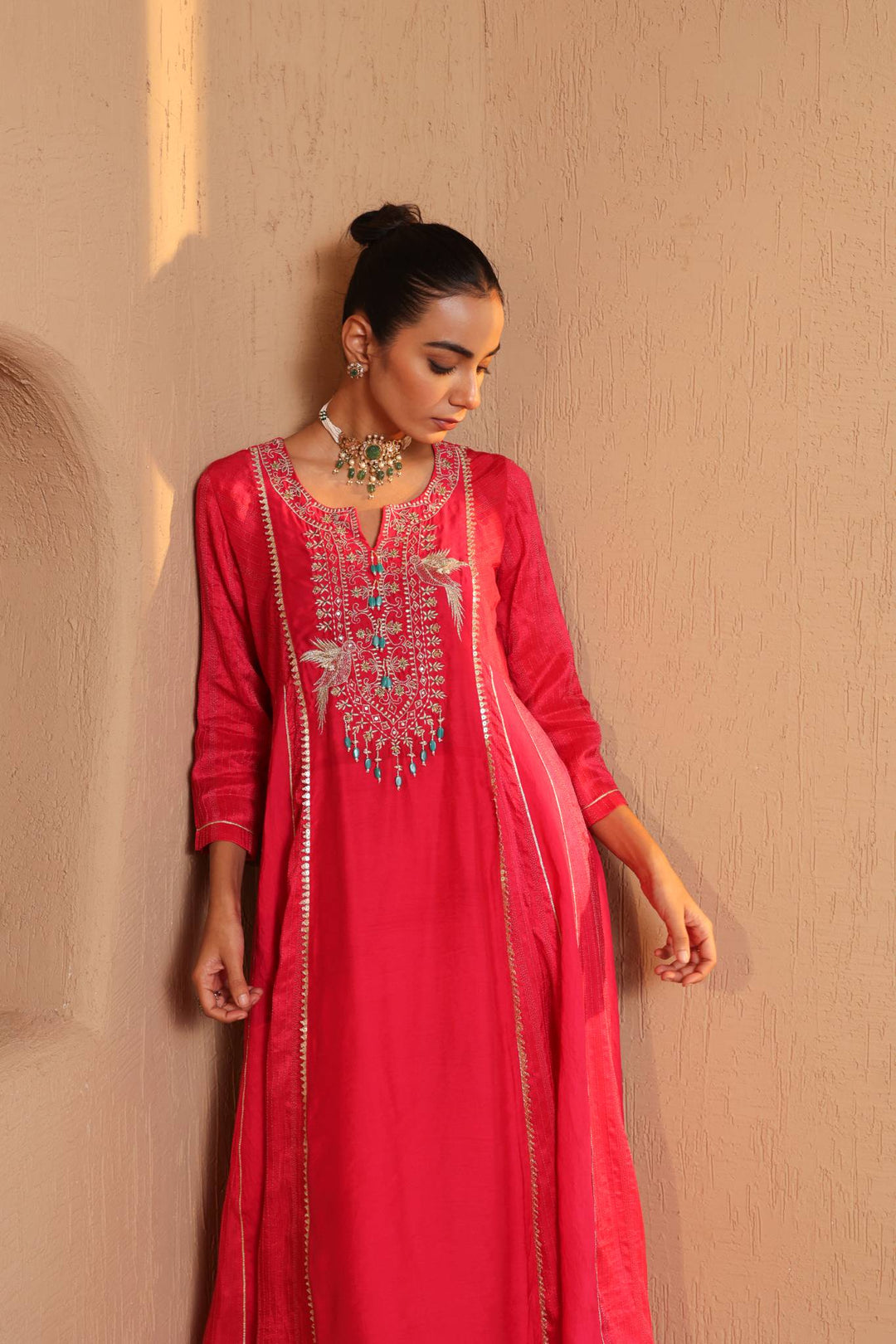 Rosy Fuchsia Anarkali with Flared Pants - Set of 2