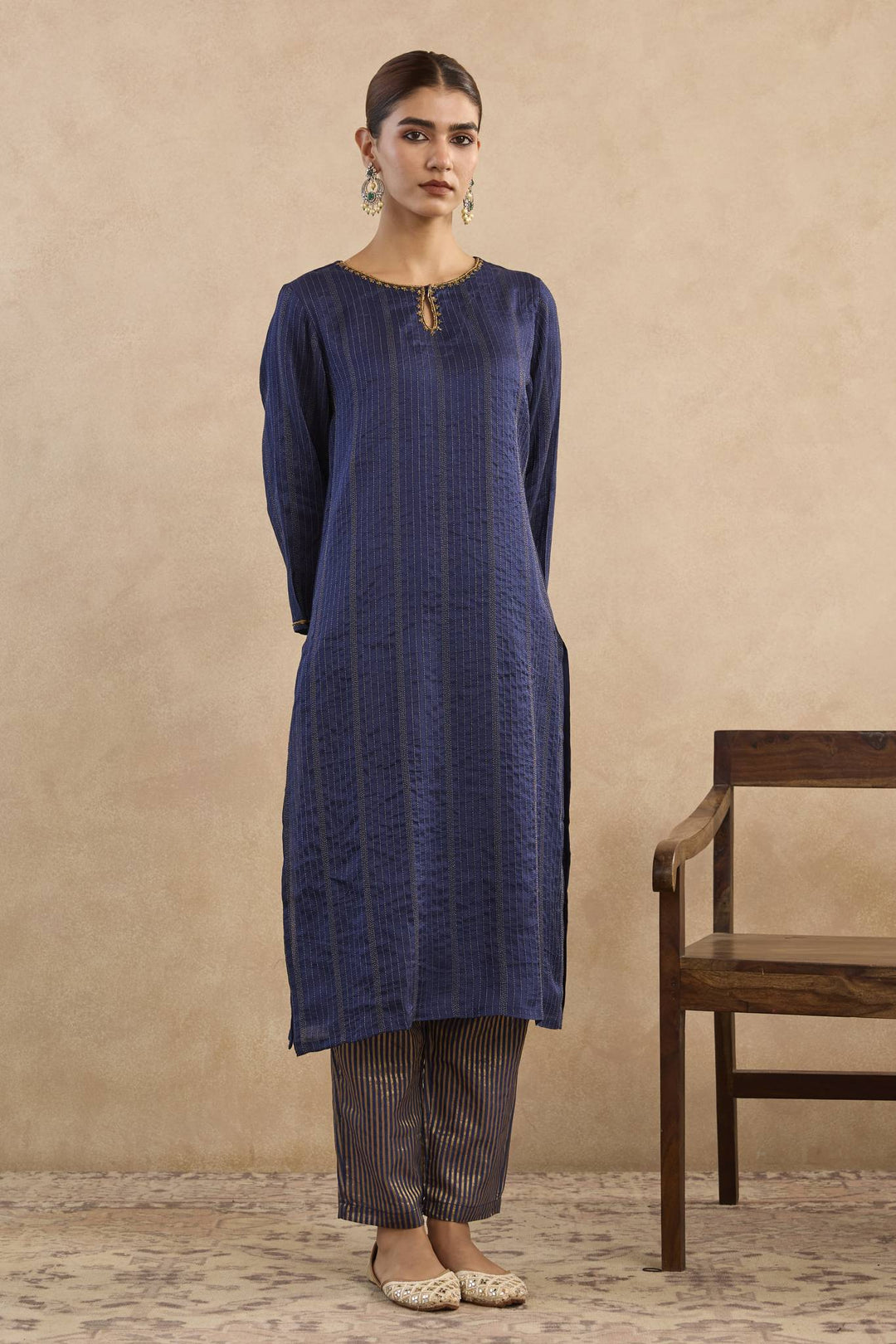 Navy Rose Charm Silk Chanderi Kurta with Narrow Pants - Set of 2