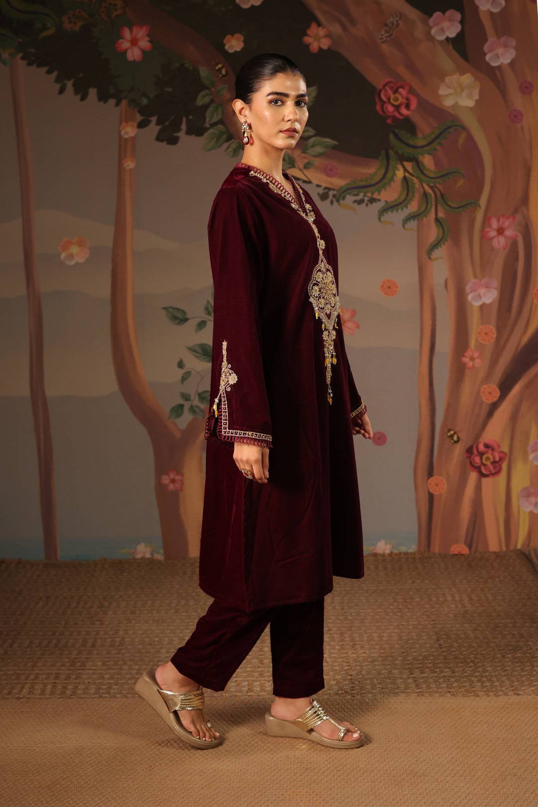 Wine Dori Embroidered Kurta with Narrow Pants - Set of 2