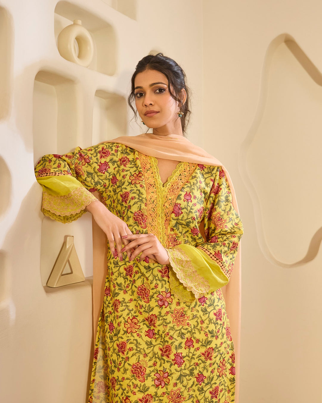 Dahlia Yellow Embroidered Kurta with Narrow Pants - Set of 2