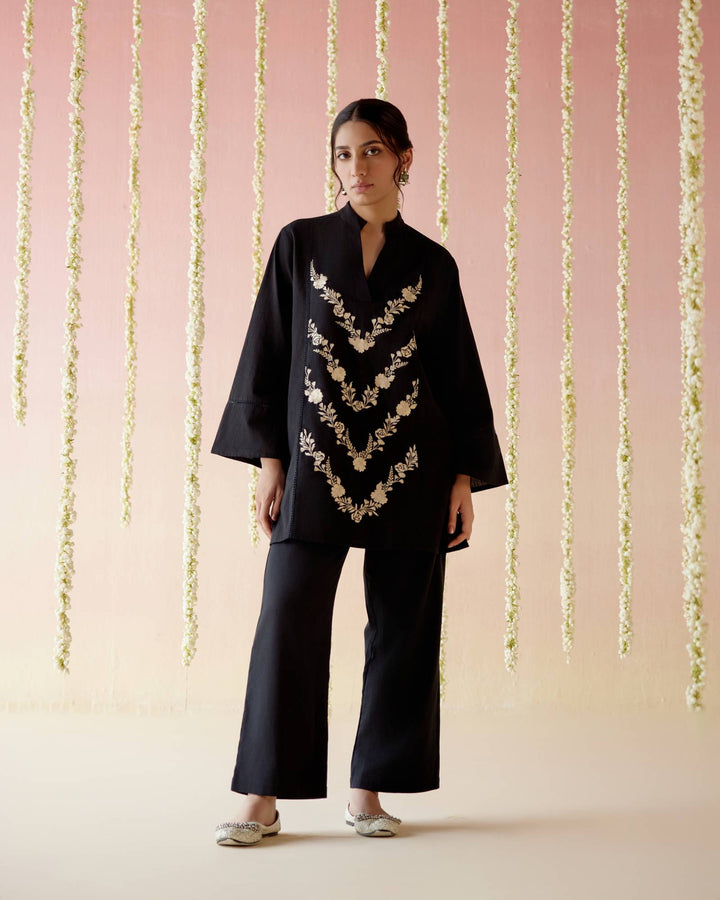 Black Orchid Embroidered Khadi Coord Set