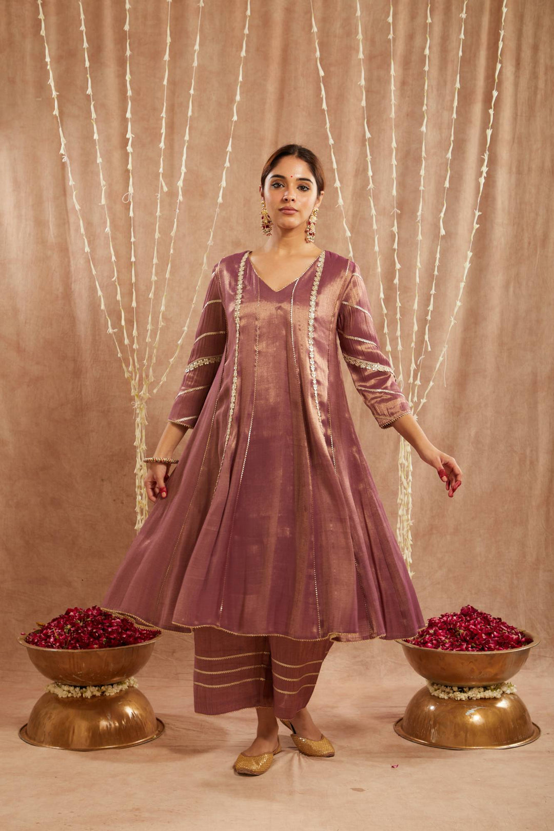 Purple Floral Gota Tissue Anarkali with Wide Leg Pants amd Dupatta - Set of 3