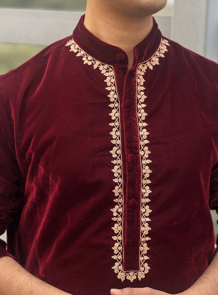 Maroon Oak Embroidered Velvet Kurta with Narrow Pants - Set of 2