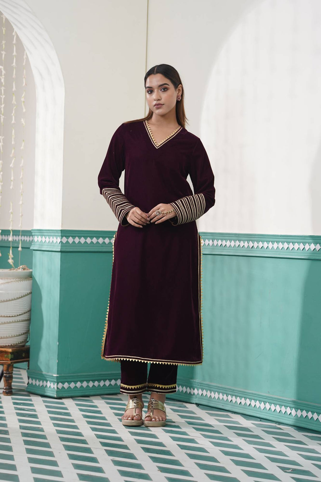 Wine Velvet Kurta Set