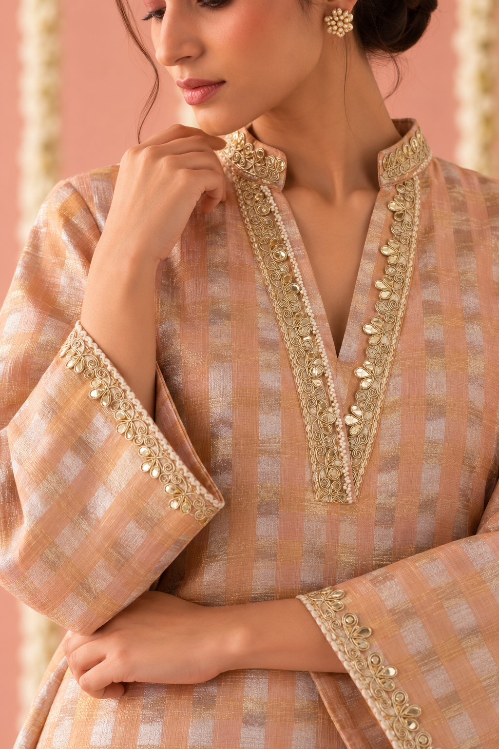 Peach Rose Charm Check Tissue Co-ord Set - Set of 2
