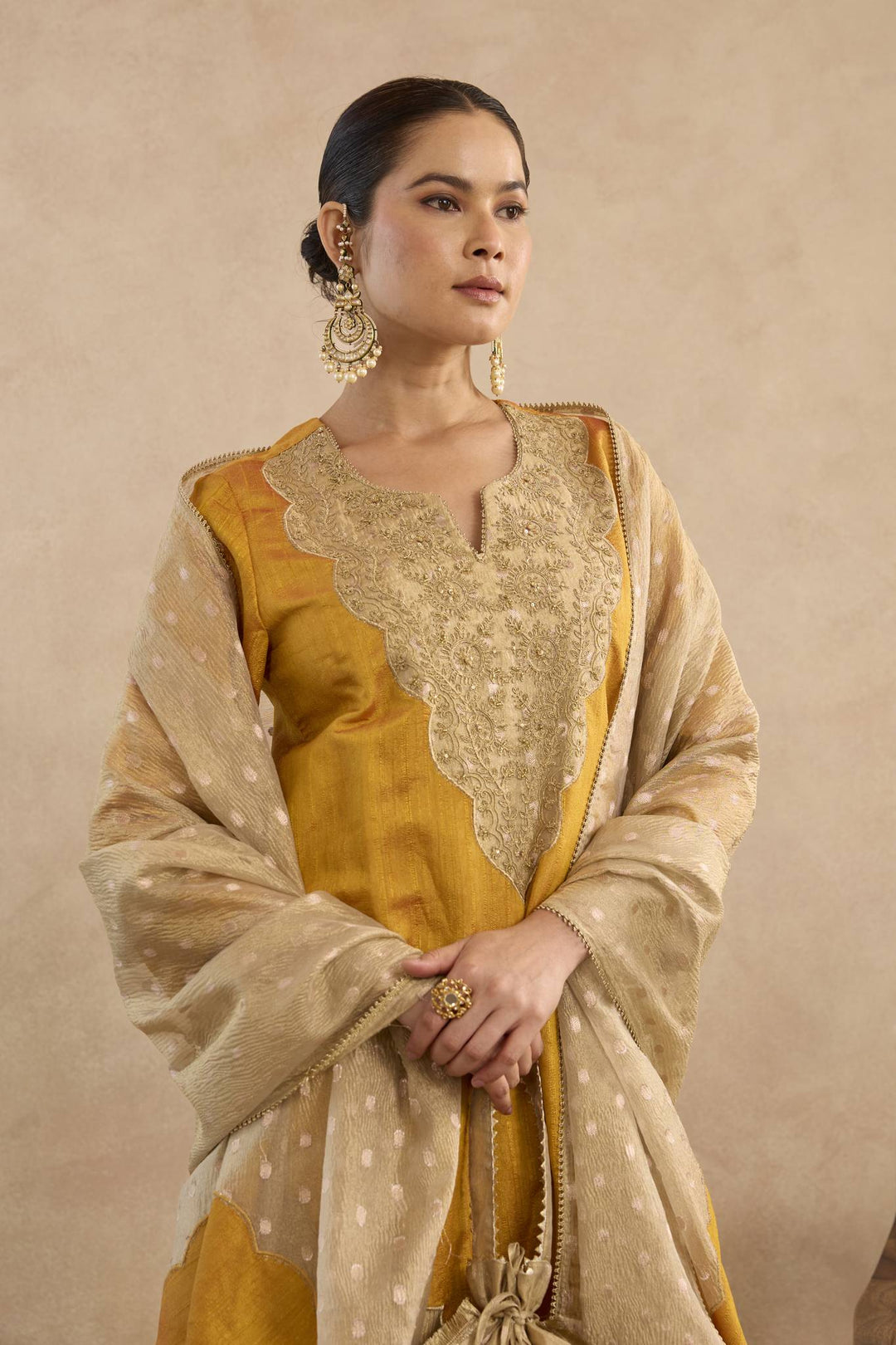 Mustard Dori Yoke Kurta with Narrow Pants and Embroidered Dupatta - Set of 3