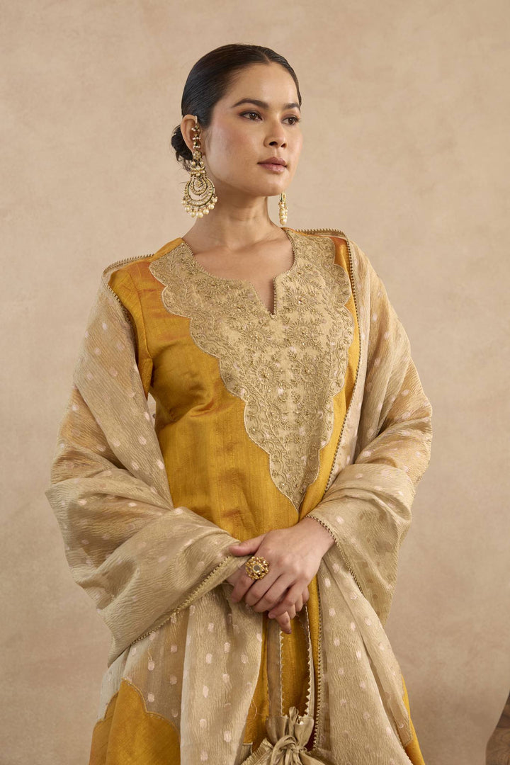 Mustard Dori Yoke Kurta with Narrow Pants and Embroidered Dupatta - Set of 3
