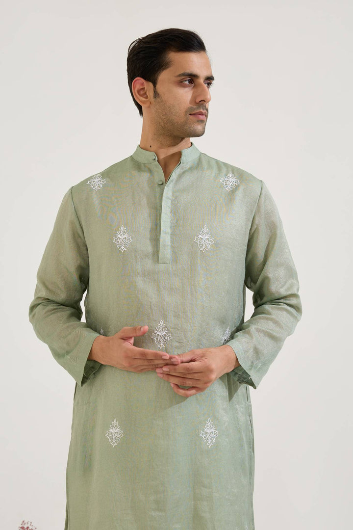 Sage Embroidered Chanderi Stripe Kurta with Narrow Pants - Set of 2