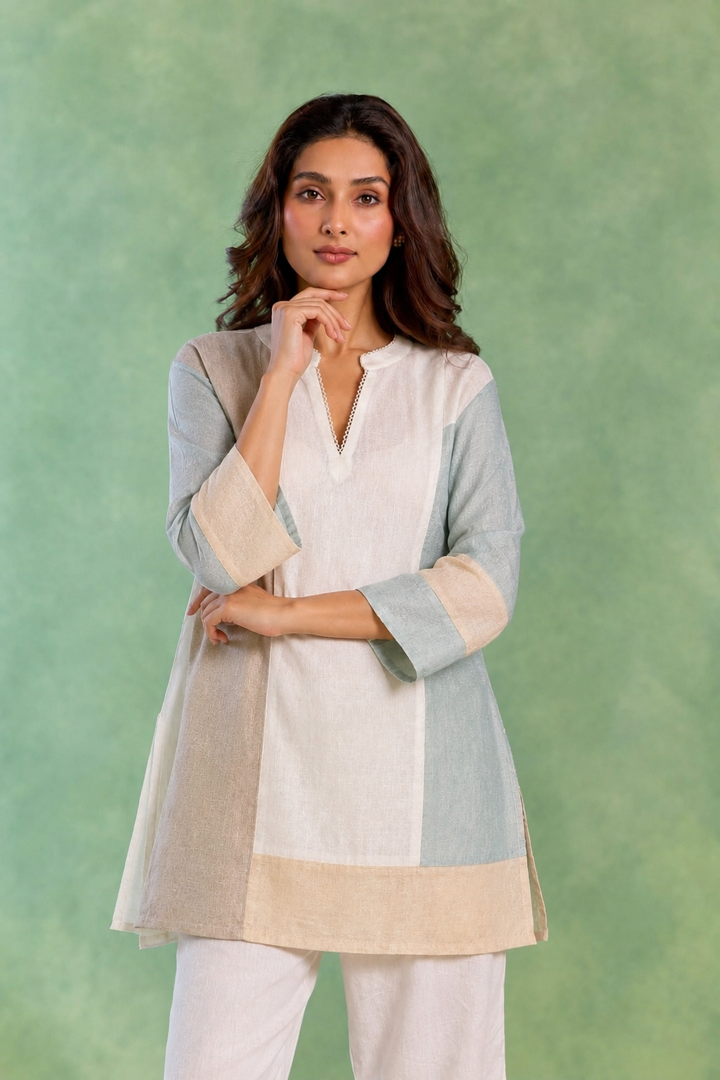 White Colourblock Handloom Cotton Top