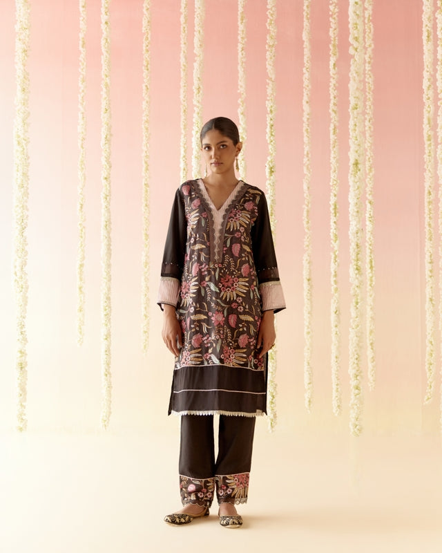 Black Orchid Embroidered Chanderi Kurta - Set of 2