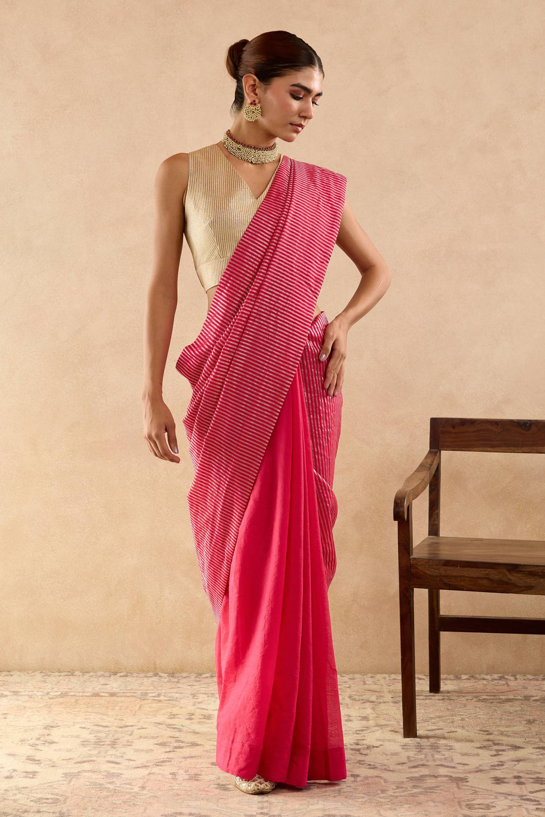 Fuchsia Pink Chanderi Saree with Stripe Pallu