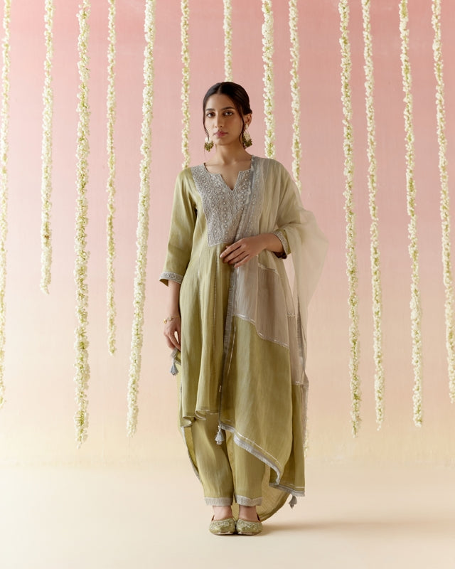 Moss Pearl Tissue Anarkali with  narrow Pants & Dupatta - Set of 3