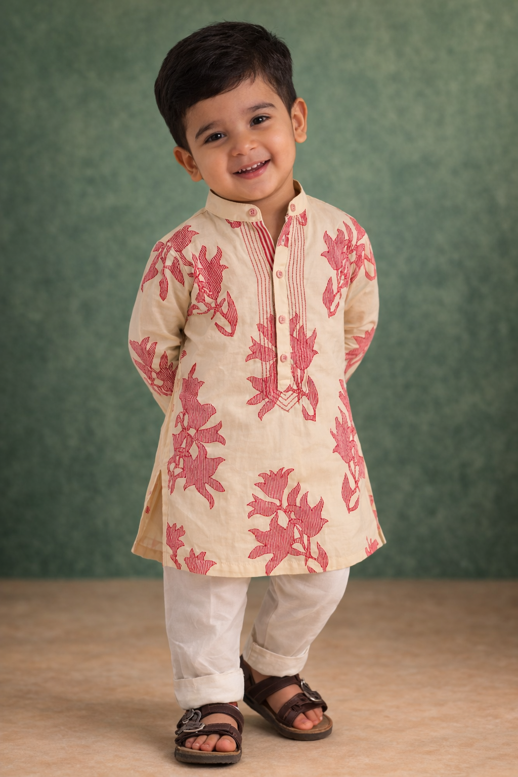 Boys Ivory Red Floral Stripe Kurta Set