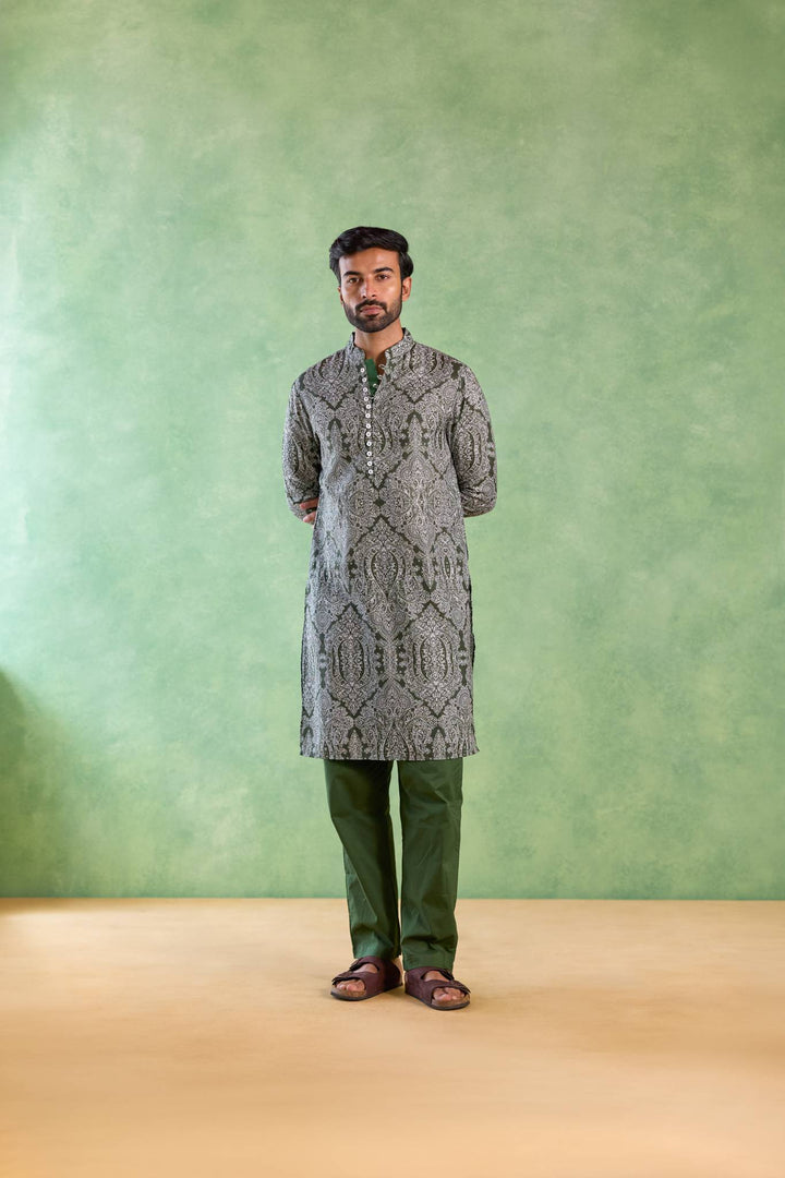 Olive Jaal Loopi Kurta with Narrow Pants