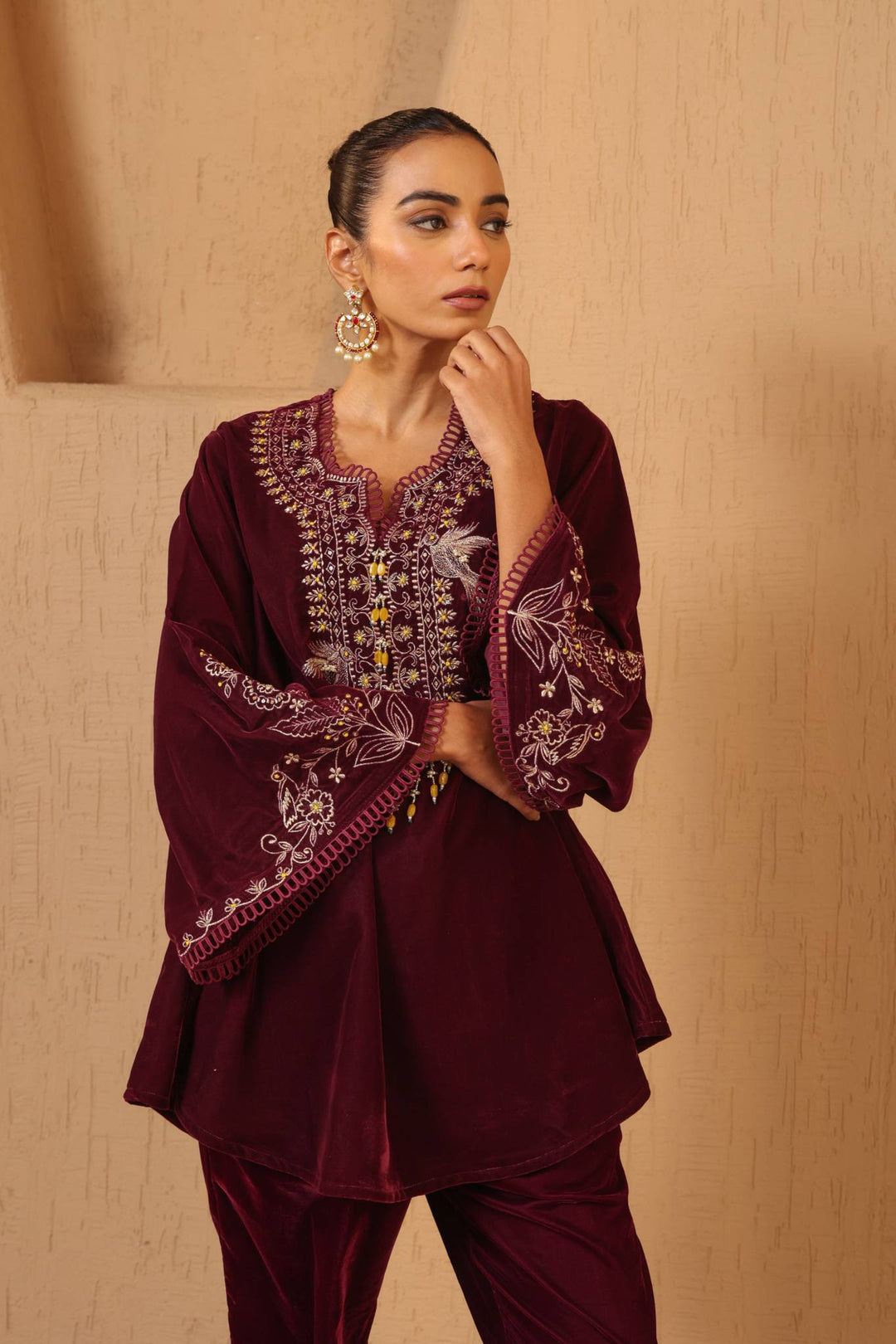 Wine Zari Charm Velvet Tunic with Narrow Pants - Set of 2
