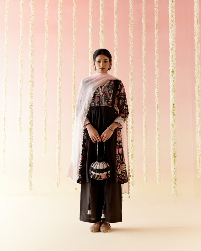 Black Tulip Embroidered Kurta with Wide Leg Pants & Dupatta - Set of 3