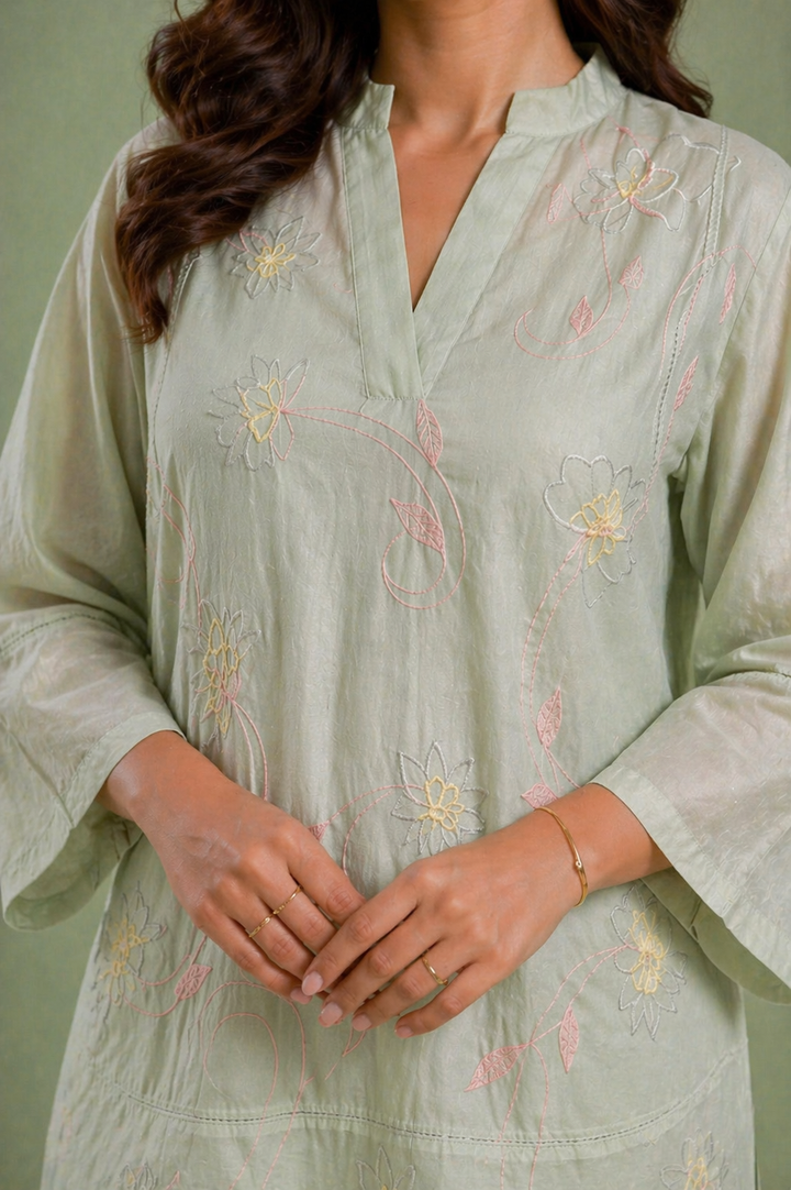 Mint Bloom Embroidered Mul Chanderi Top