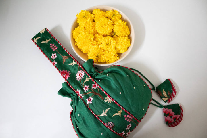 Emerald Lily Embroidered Potli