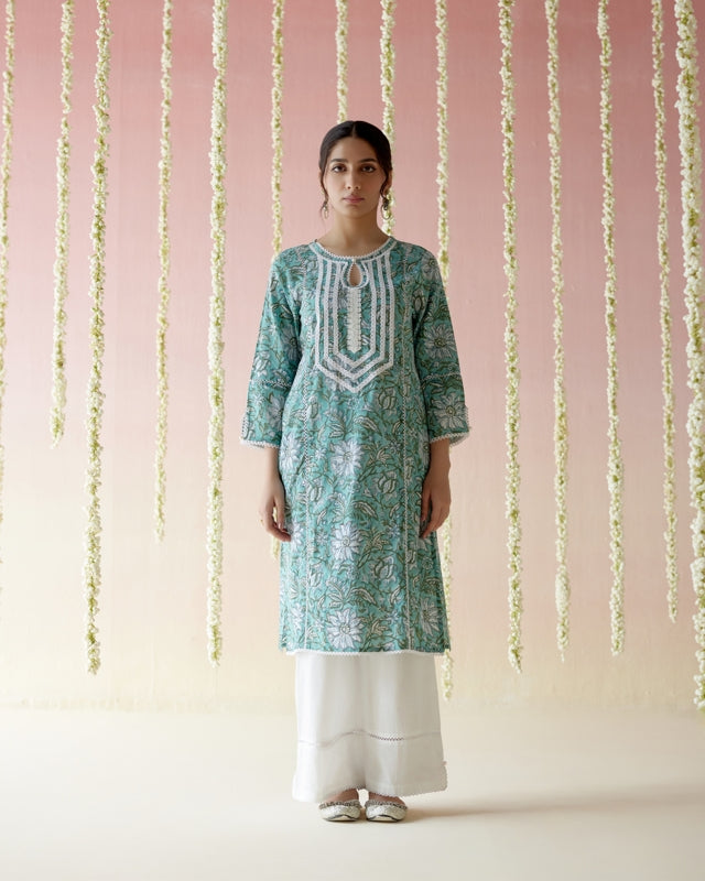 Aqua Blue Floral Chintz Kurta