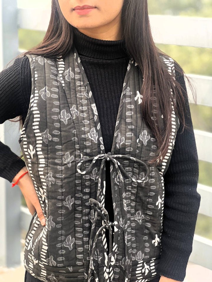 Black Floral Printed Quilted Jacket