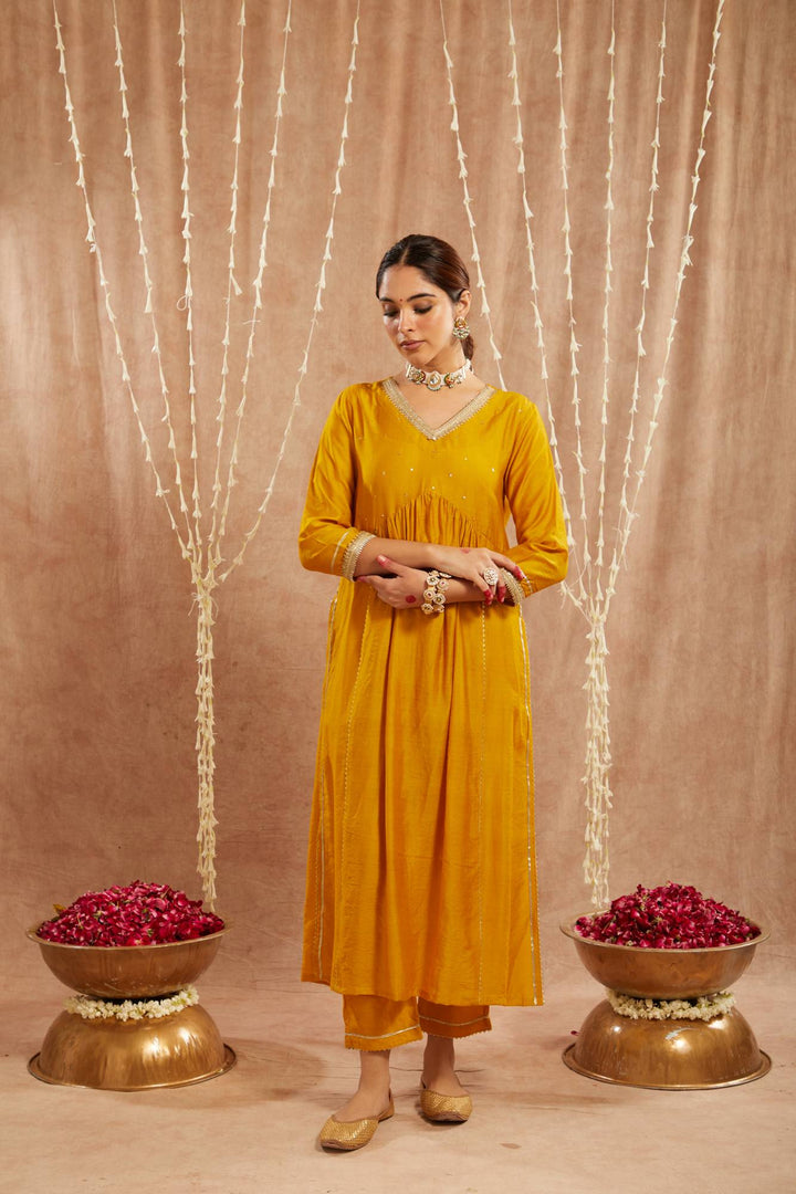 Golden Charm Chanderi Kurta with Narrow Pants and Dupatta - Set of 3