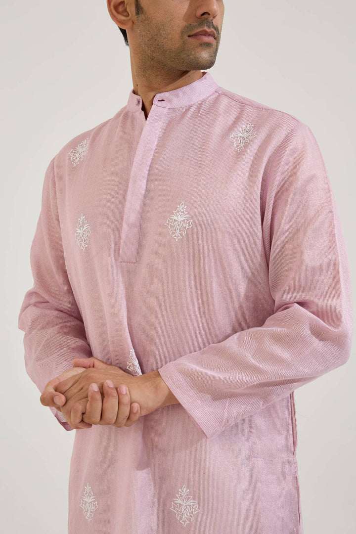 Lilac Embroidered Chanderi Stripe Kurta with Narrow Pants - Set of 2