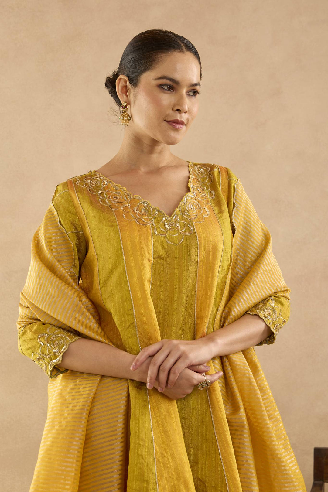 Olive Yellow Zari Anarkali with Wide Leg Pants and Scallop Dupatta - Set of 3