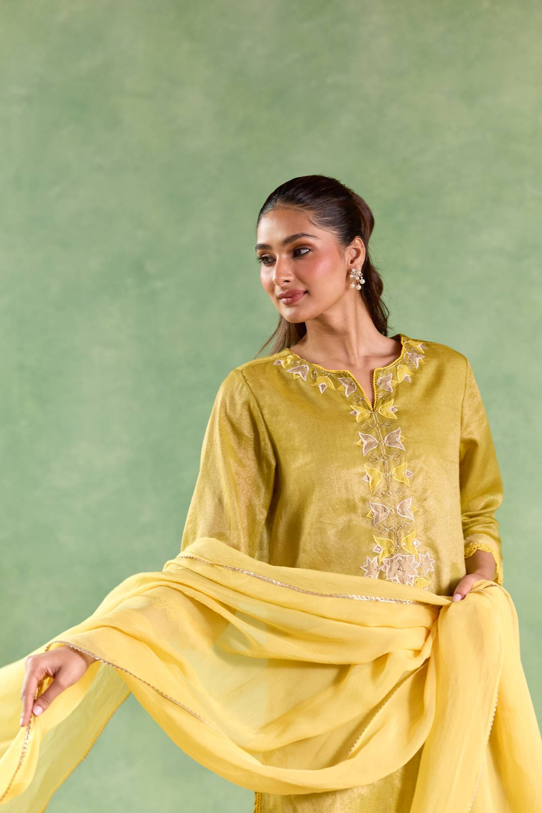 Moss Yellow Applique Kurta with Narrow Pants and Dupatta - Set of 3