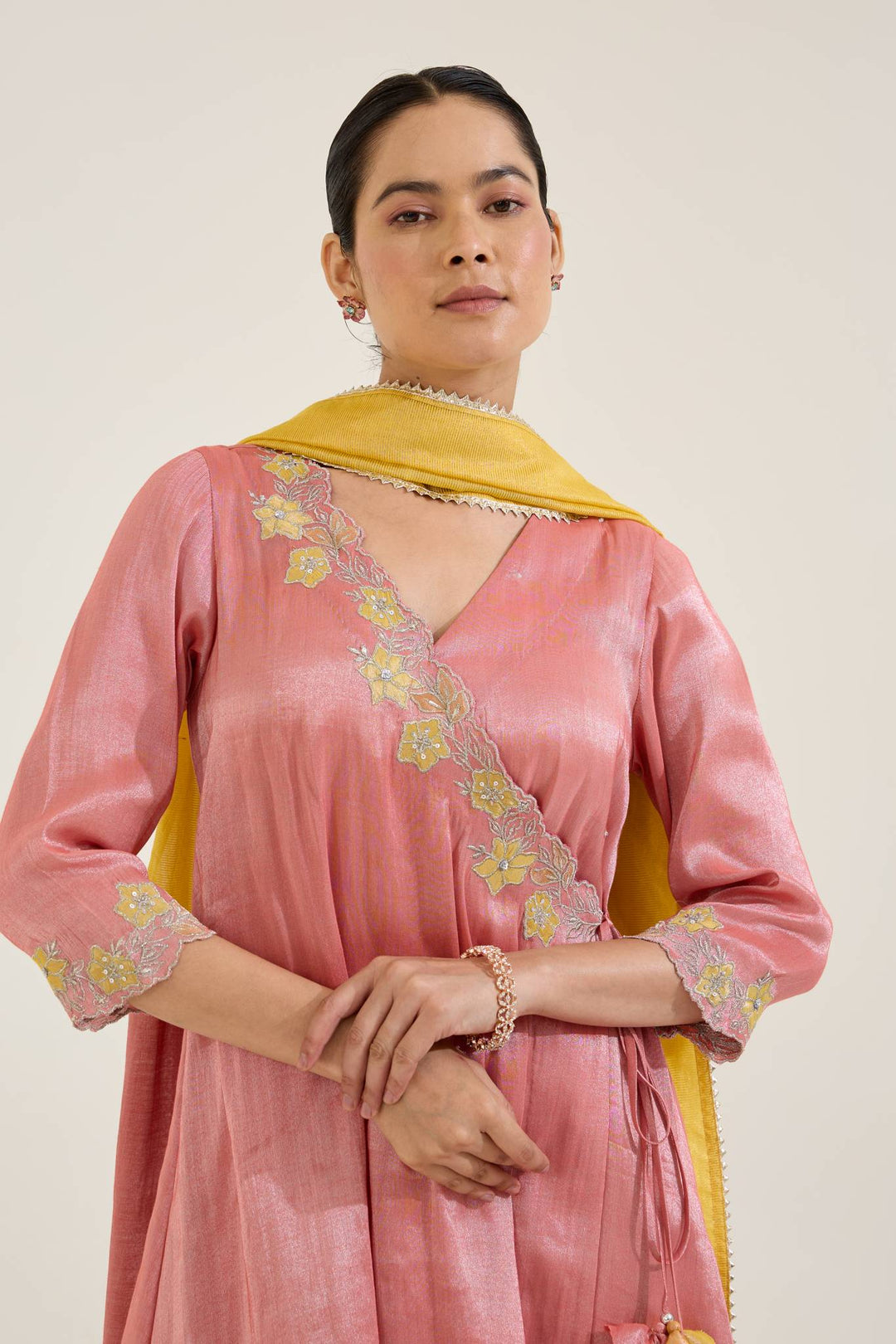 Carrot Floral Zari Tissue Angrakha with Narrow Pants and Dupatta - Set of 3