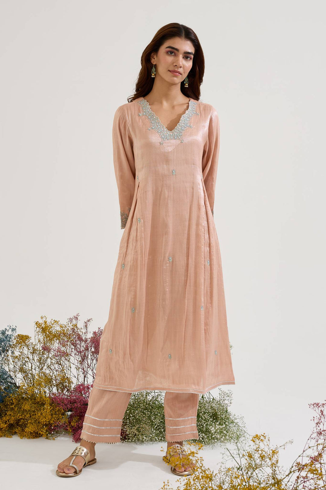 Rose Mint Dori Tissue Kurta with Wide Leg Pants - Set of 2