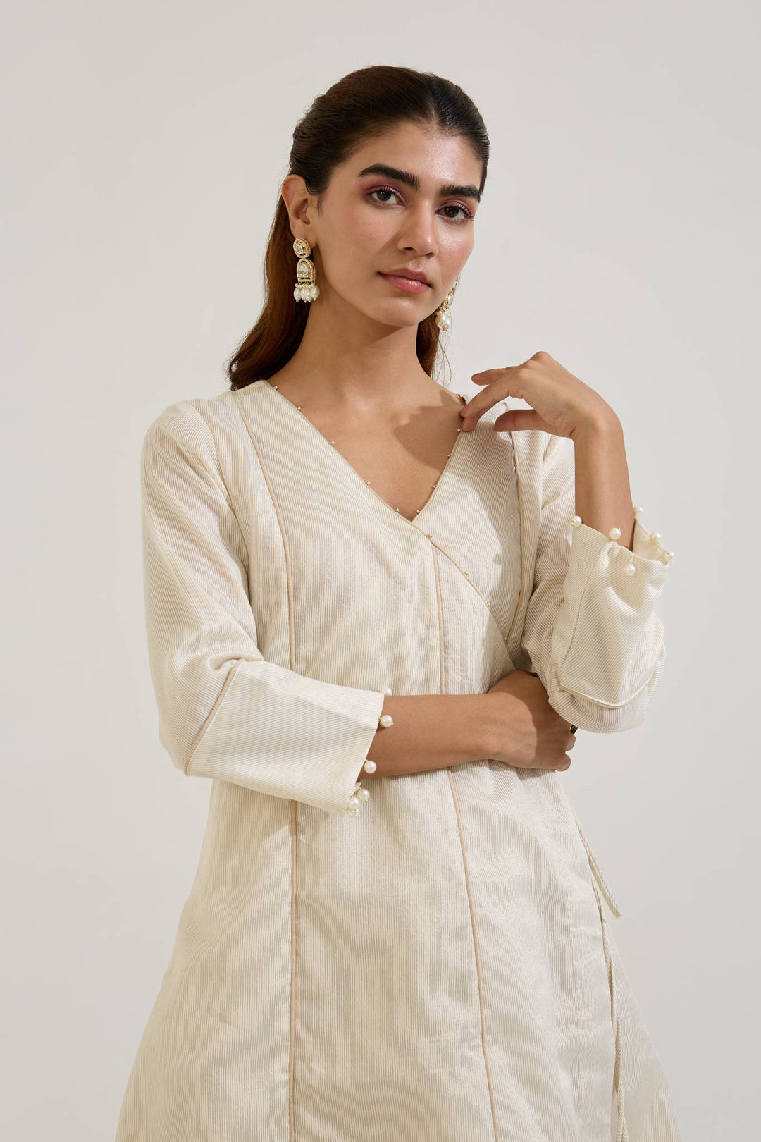 Pearl White Chanderi Stripe Angrakha with Narrow Pants - Set of 2