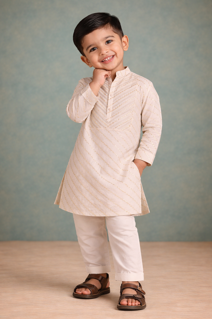 Boys Ivory Gold Chevron Brocade Embroidered Kurta Set