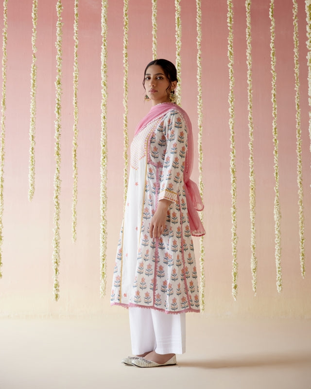 Petal Pink Yoke Anarkali Kurta with Narrow Pants and Dupatta- Set of 3