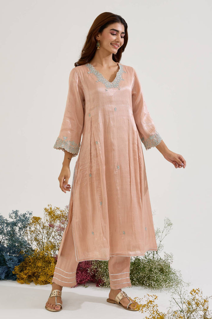 Rose Mint Dori Tissue Kurta with Wide Leg Pants and Dupatta - Set of 3