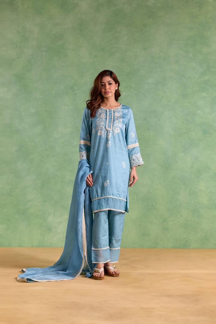 Blue Lotus Kurta with Narrow Pants and Dupatta - Set of 3
