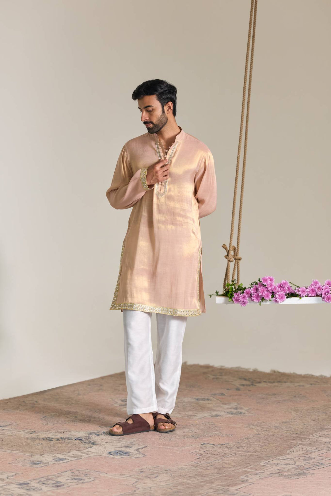 Pink Gold Gota Tissue Kurta with Narrow Pants