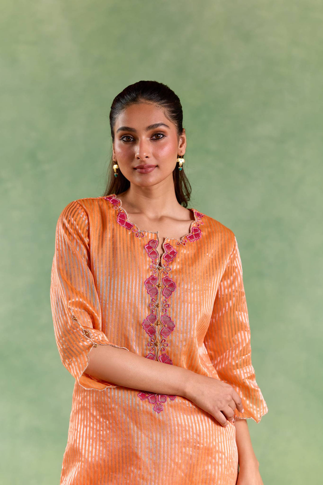 Orange Scallop Zari Kurta with Narrow Pants and Dupatta - Set of 3