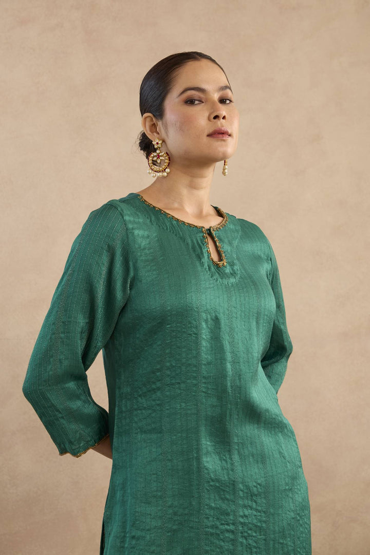 Emerald Rose Charm Silk Chanderi Kurta with Narrow Pants - Set of 2