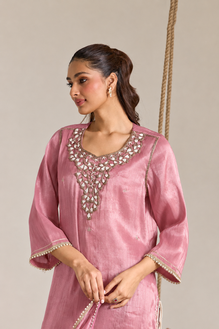 Pink Pearl Zari Embroidered Tissue Kurta Set with Stripe Dupatta - Set of 3