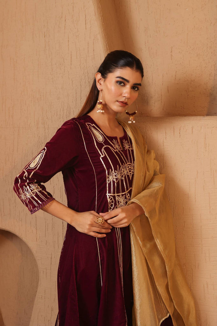 Wine Gota Velvet Anarkali with Narrow Pants and Scallop Dupatta - Set of 3
