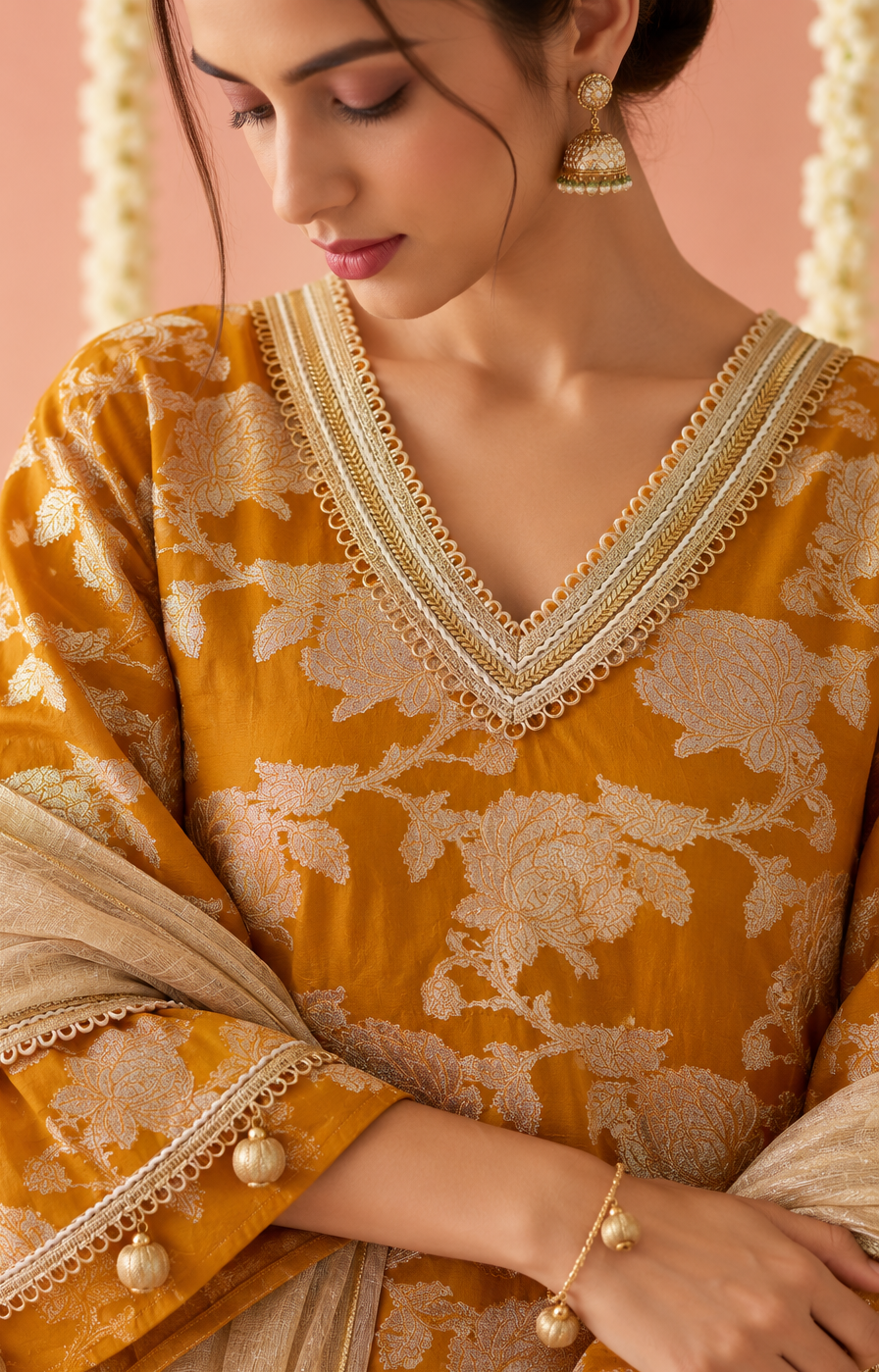 Amber Jaal Chanderi Brocade Kurta Set with Dupatta - Set of 3