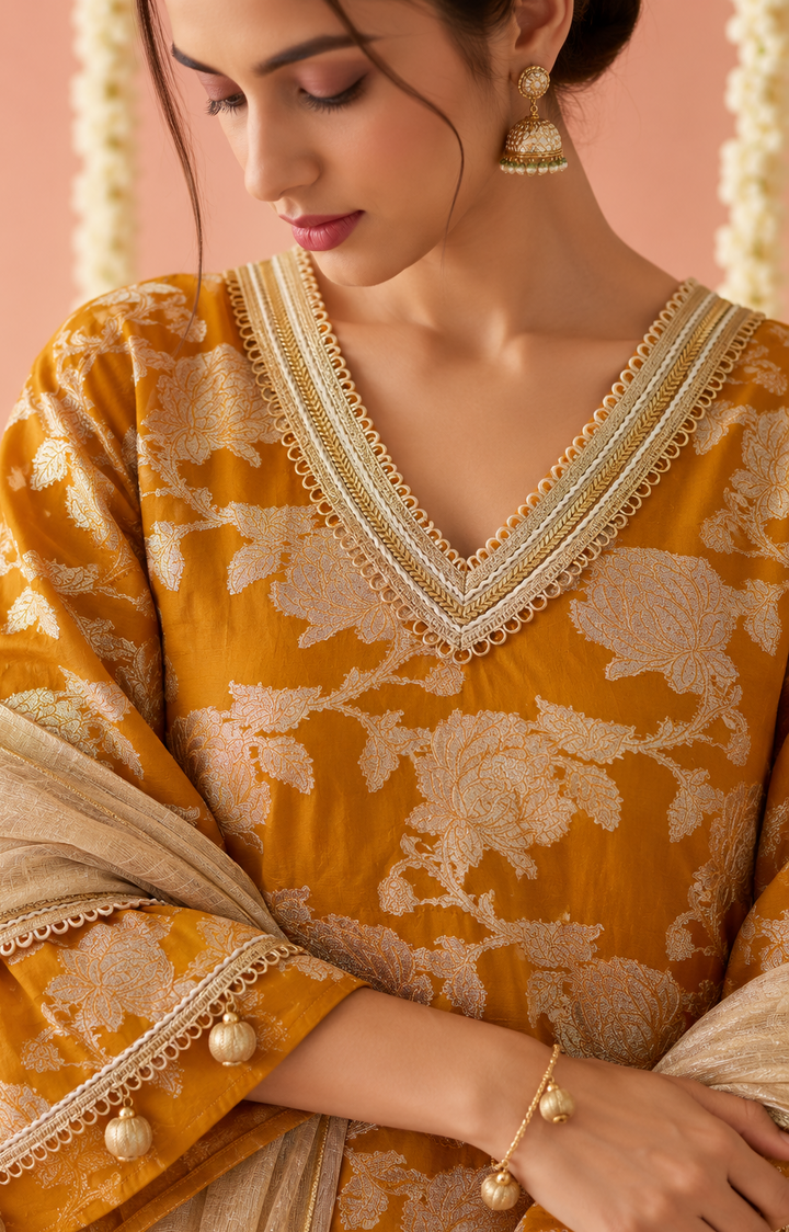 Amber Jaal Chanderi Brocade Kurta Set with Dupatta - Set of 3