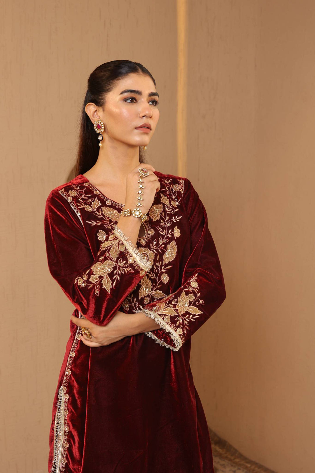 Maroon Floral Zari Velvet Kurta with Sharara - Set of 2