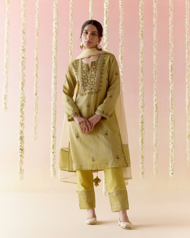 Orchid Green Tissue Kurta with Narrow Pants & Dupatta - Set of 3