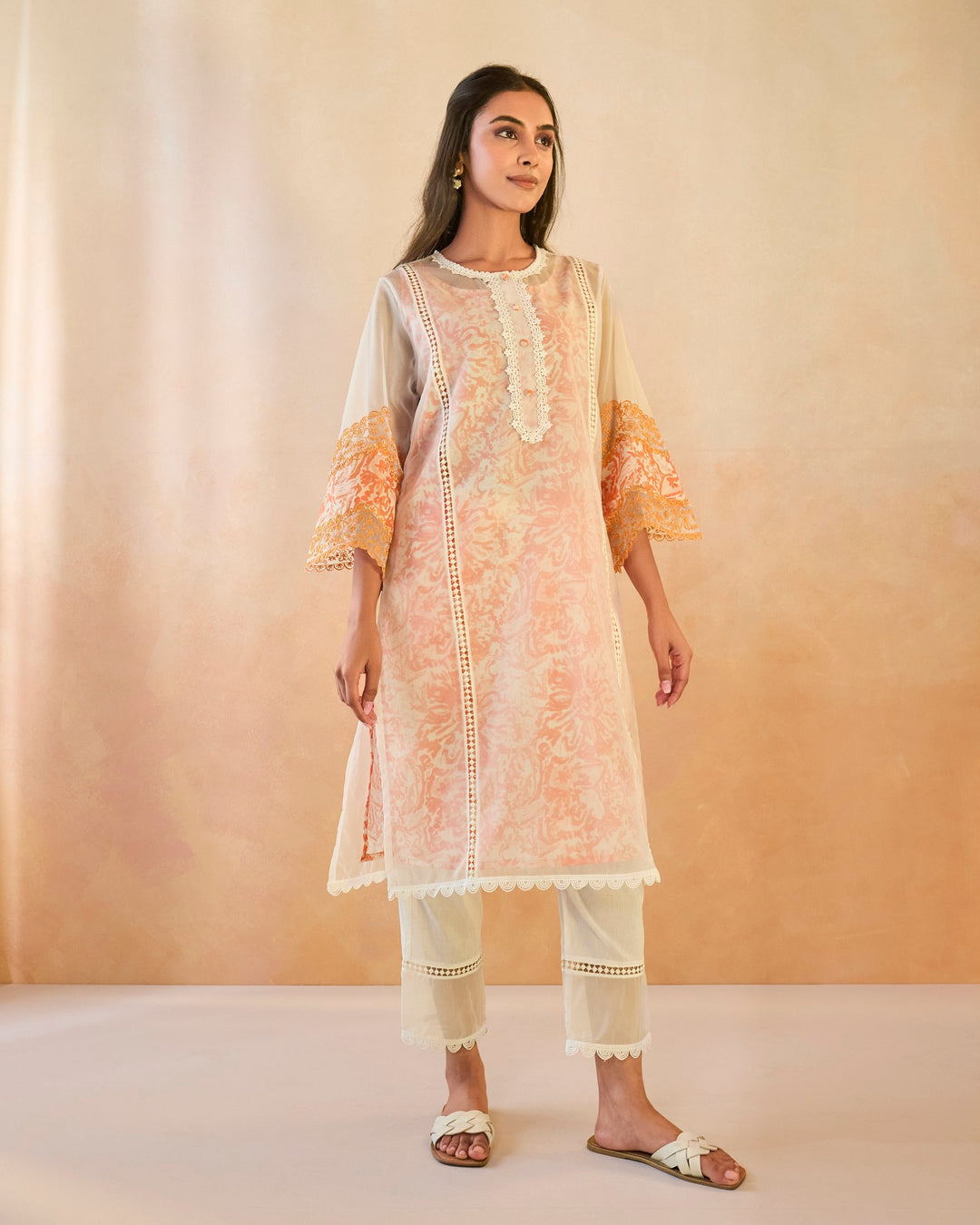 Orange Floral Embroidered Kurta