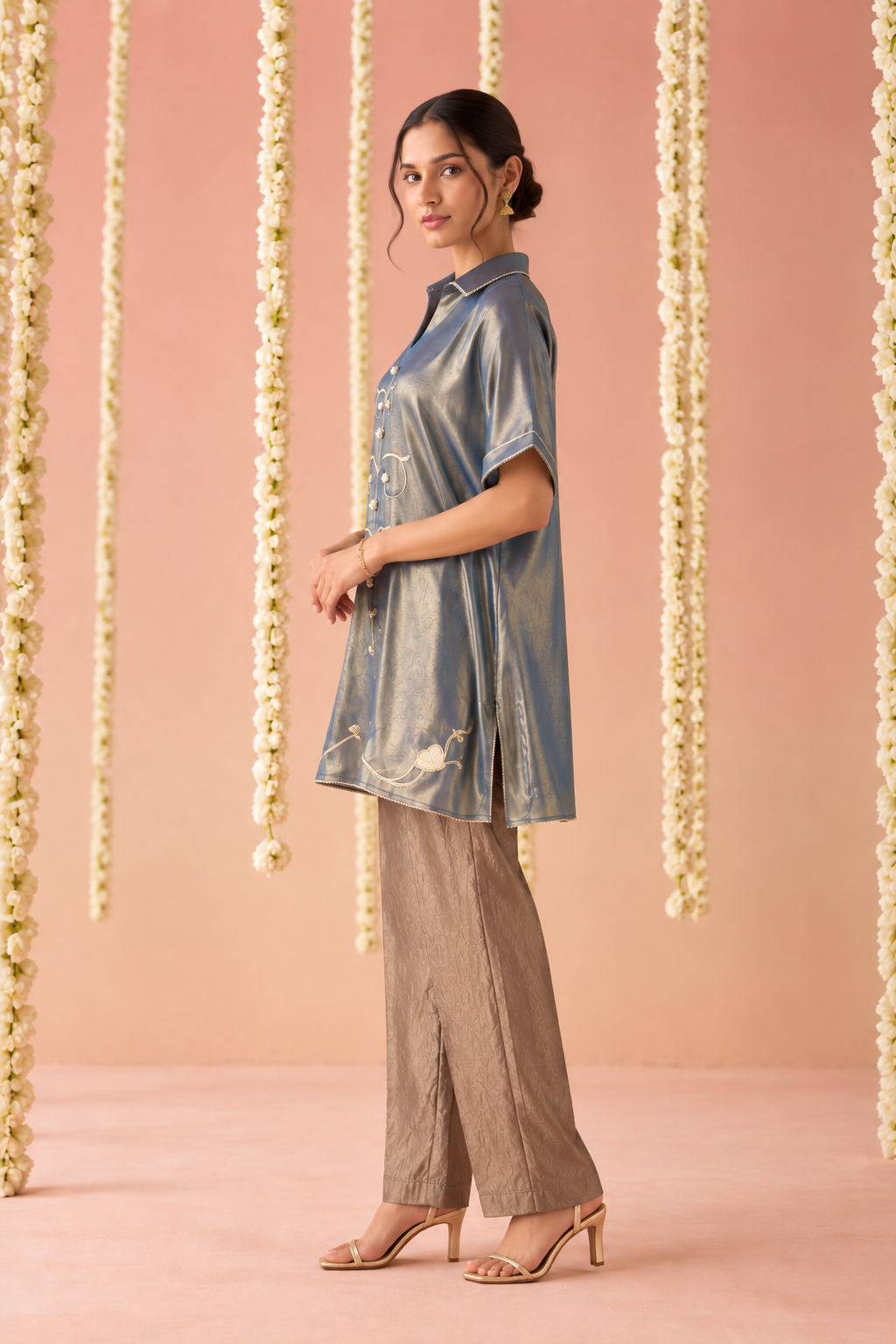 Regal Blue Dori Embroidered Tissue Co-ord Set - Set of 2