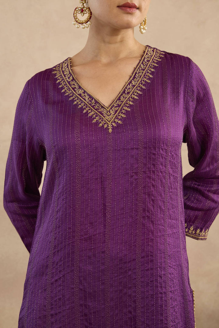 Royal Purple Dori Silk Chanderi Kurta with Flared Pants - Set of 2