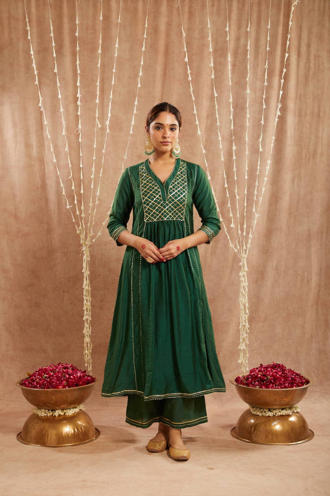 Emerald Green Gota Chanderi Kurta with  Wide Leg Pants and Dupatta - Set of 3