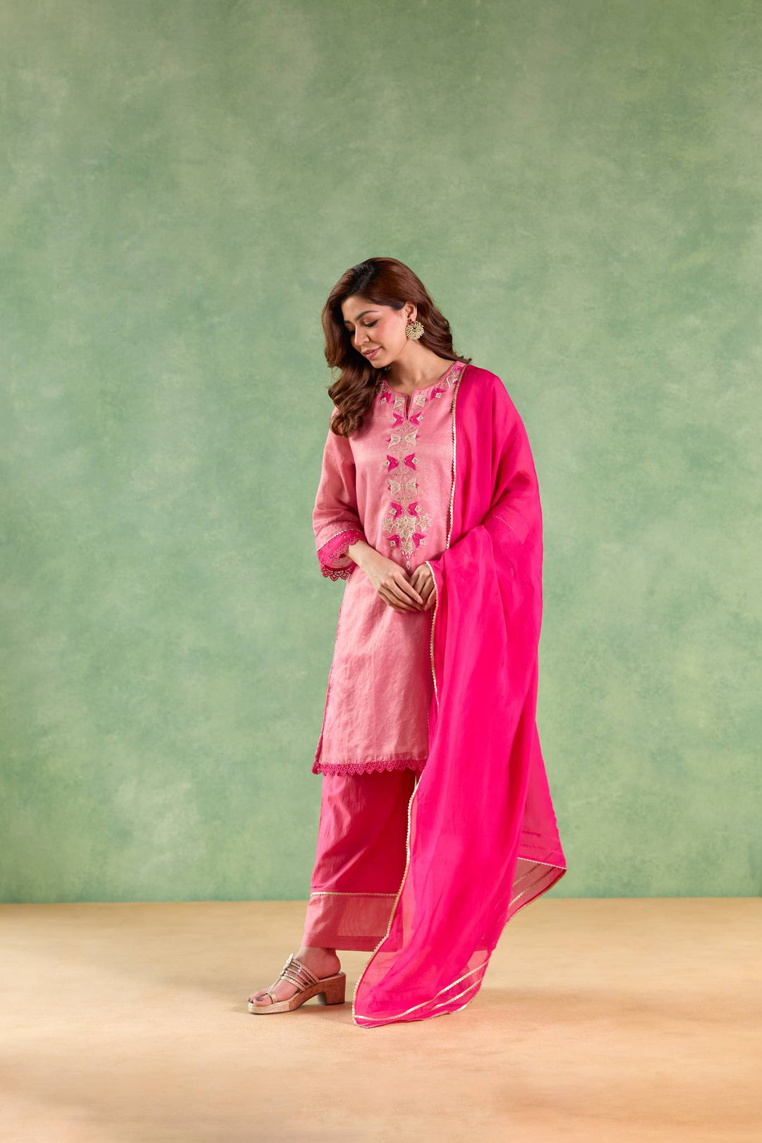 Fuchsia Pink Applique Kurta with Narrow Pants and Dupatta - Set of 3